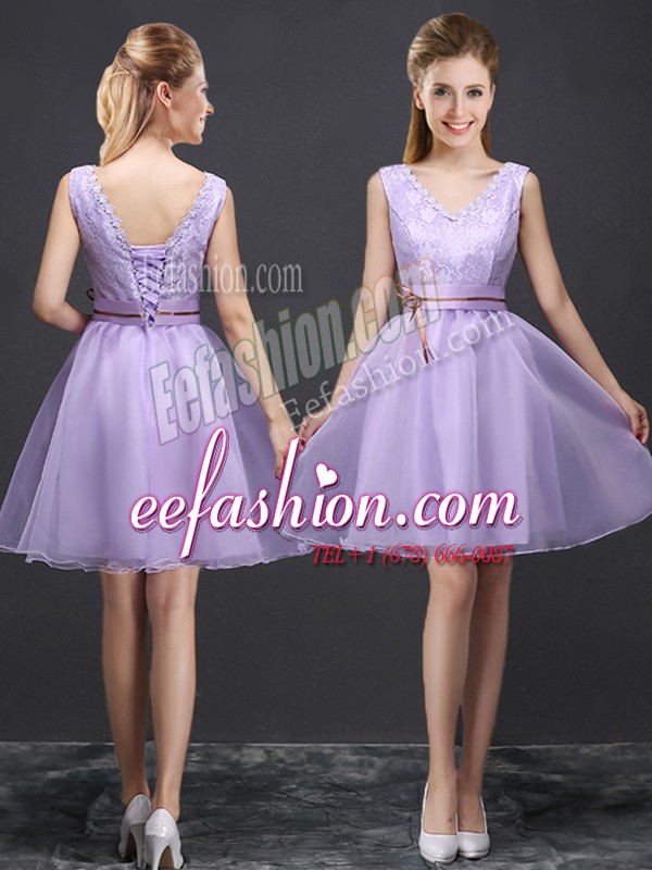 Pretty Lavender Sleeveless Organza Lace Up Bridesmaid Gown for Prom and Party and Wedding Party