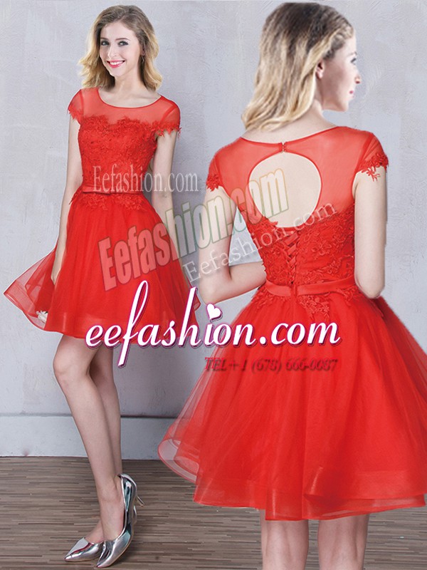 Delicate Scoop Mini Length Red Bridesmaids Dress Tulle Short Sleeves Appliques and Belt