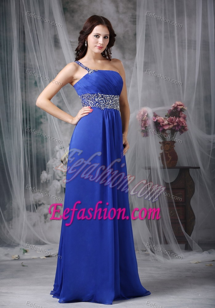 One Shoulder Long Royal Blue Ruched Celebrity Party Dress with Beading