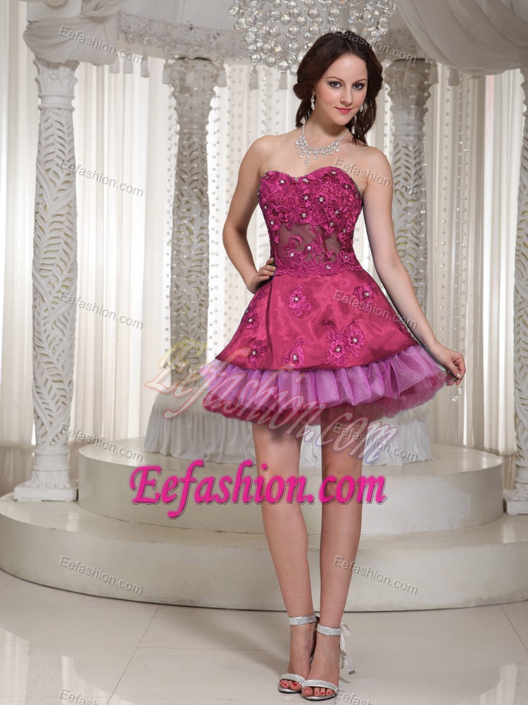Brand New Sweetheart Mini-length Fuchsia Layered Celebrity Dress with Beading
