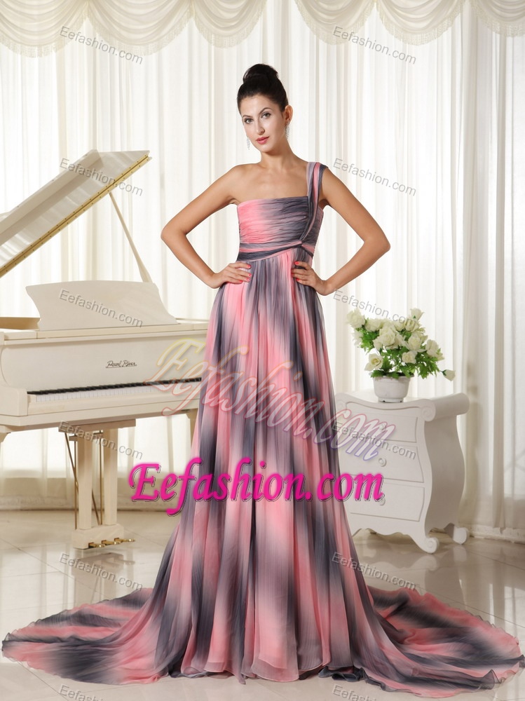 2014 One Shoulder Court Train Ruched Ombre Chiffon Celebrity Dress for Prom
