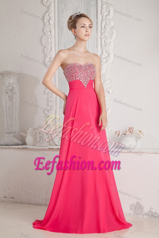 Sweetheart Brush Train Coral Red Chiffon Celebrity Evening Dress with Beading
