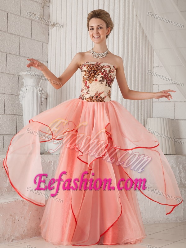 New Strapless Long Watermelon Organza Celebrity Dress with Appliques