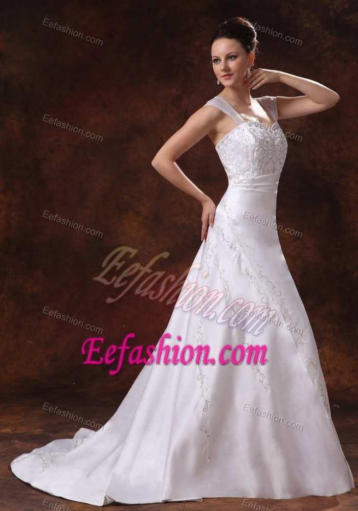 In Style Straps Court Train Lace-up Satin A-line Wedding Dress with Embroidery
