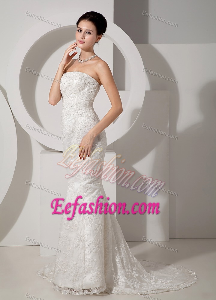Mermaid Strapless Court Train Shimmery Wedding Gown with Lace and Beading