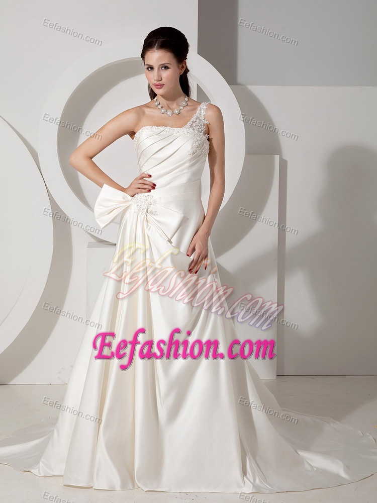 Poised A-line One Shoulder Bow Court Train Satin Wedding Dress with Appliques