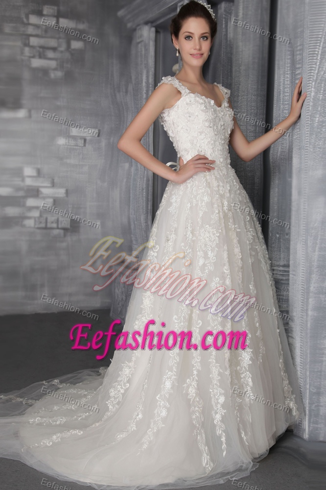 Charming A-line Court Train Lace-up Wedding Dress for Summer under 250