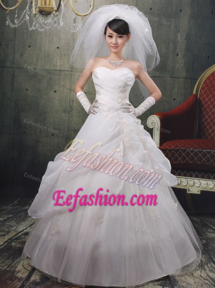 Elegant A-line Appliqued Zipper-up Organza Long Bridal Dress with Pick-ups