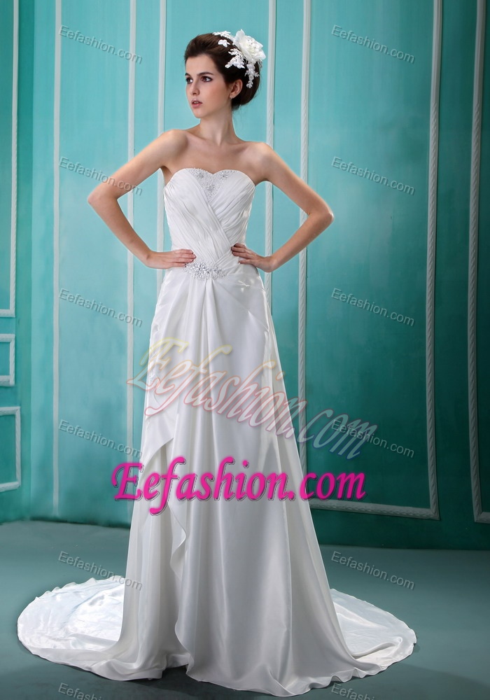 Sweet Ruched and Beaded Sweetheart Court Train Dress for Wedding