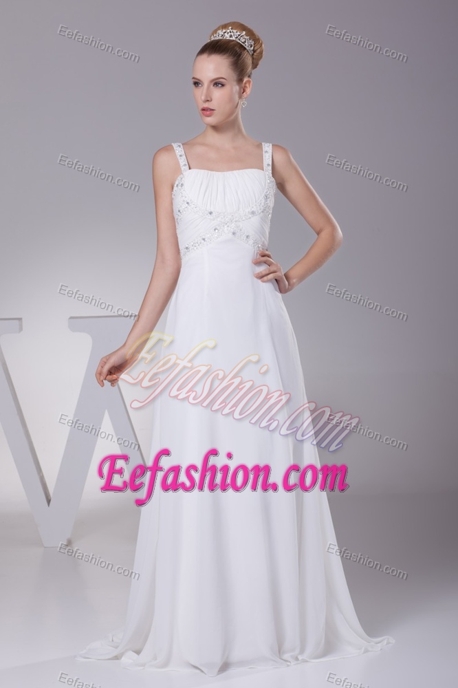 Ruched and Beaded Brush Train Modern Chiffon Wedding Dress with Straps