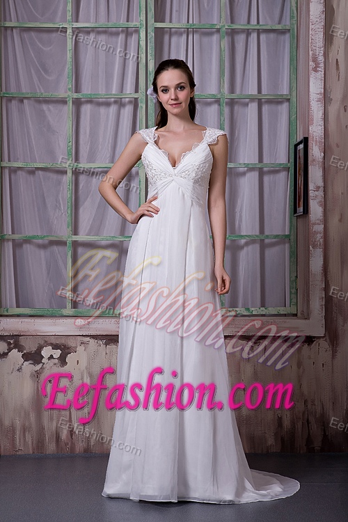 2013 Popular Empire V-neck Brush Train Lace-up Chiffon Dress for Wedding