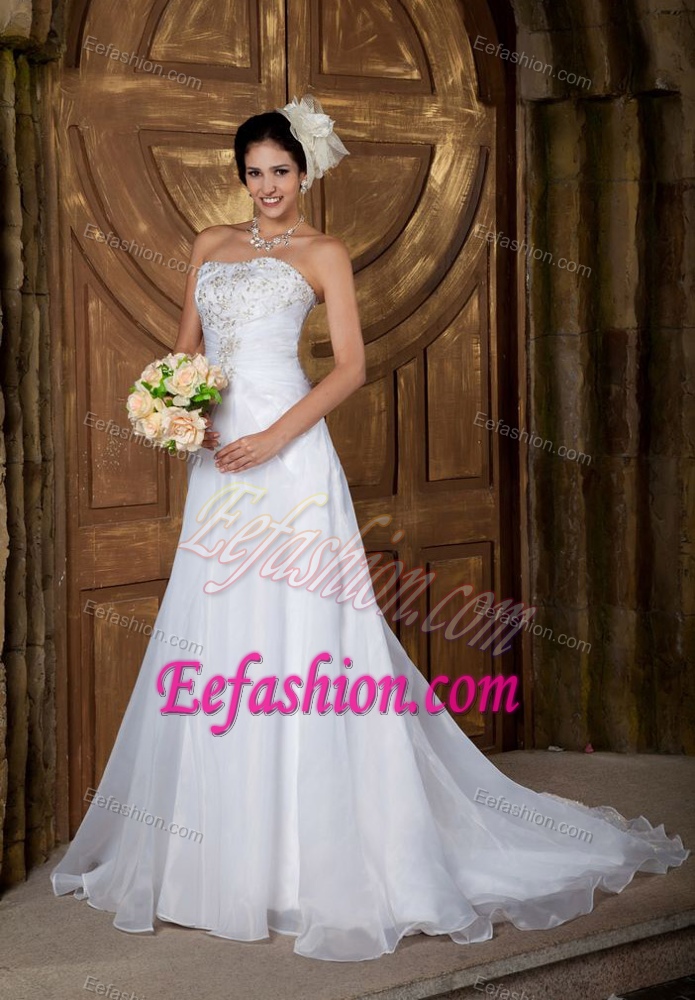 Attractive Strapless Court Train Organza Embroidered Dresses for Wedding