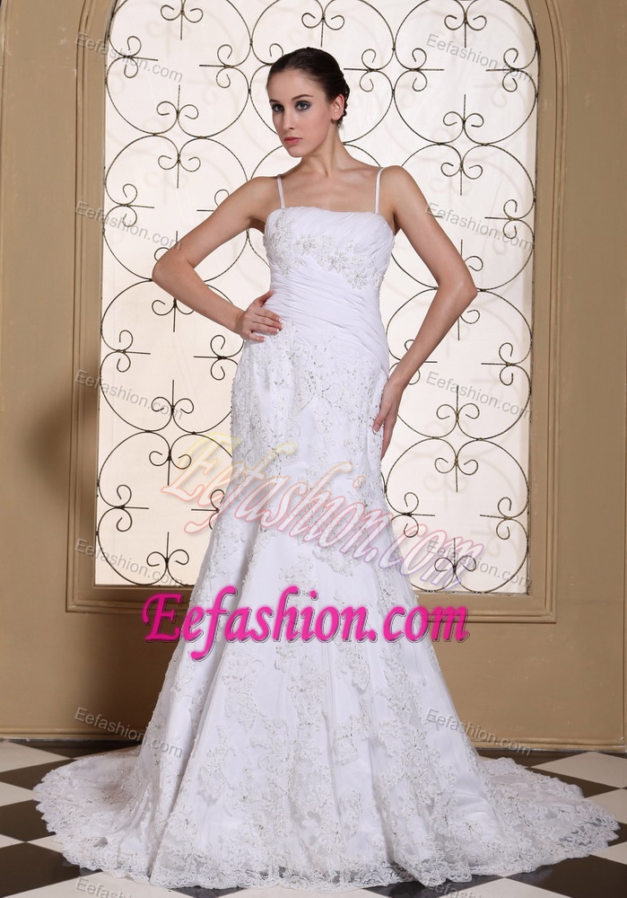 Romantic Spaghetti Mermaid Ruched and Beaded Fall Wedding Bridal Gown