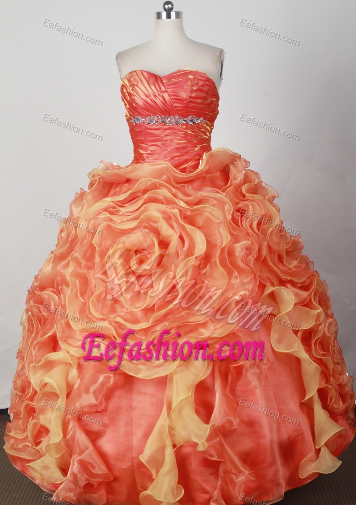 Shimmering Strapless Long Quinces Dresses with Rolling Flowers in Orange