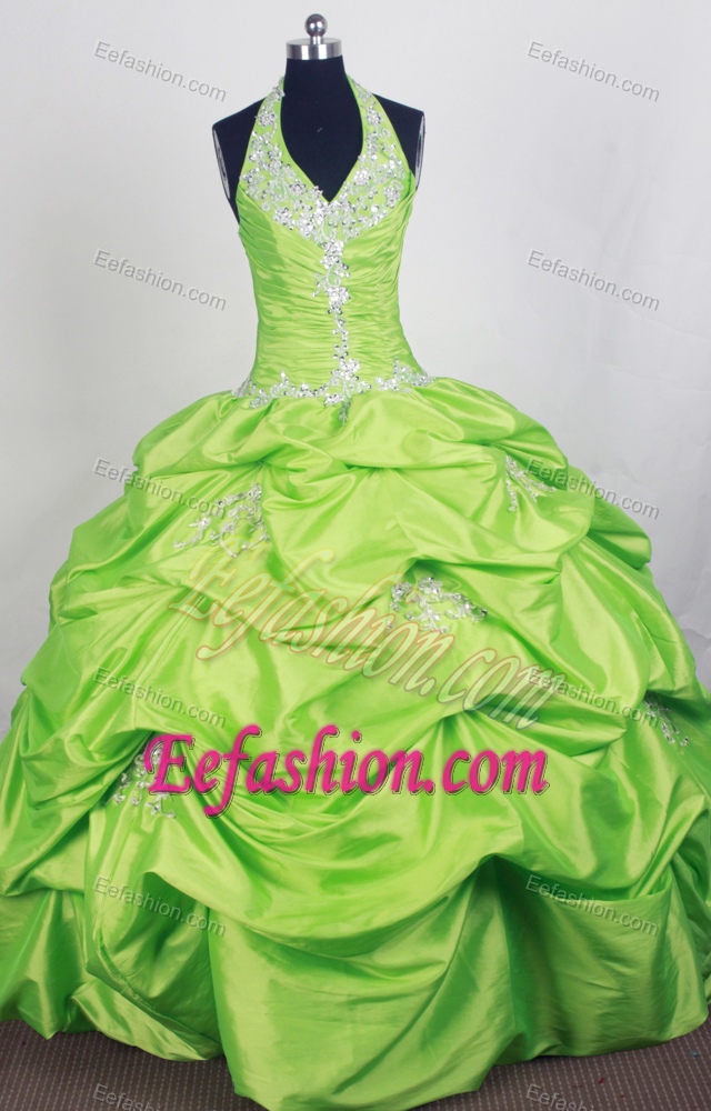 Spring Green Halter Dress for Quince with Appliques and Beading in Taffeta