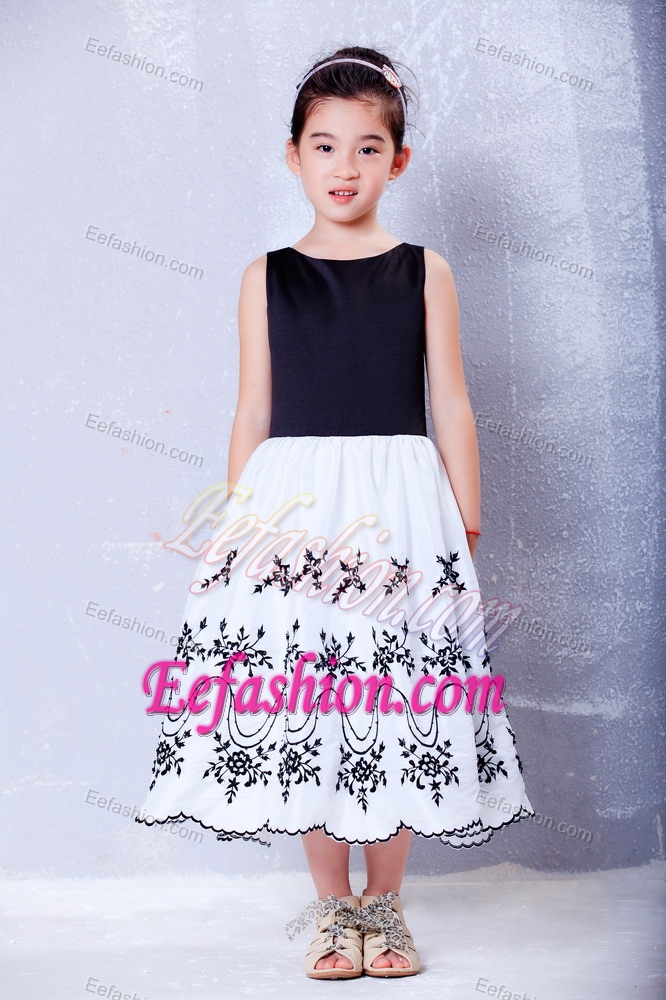 White and Black Tea-length and Organza Embroidery Flower Girl Dresses