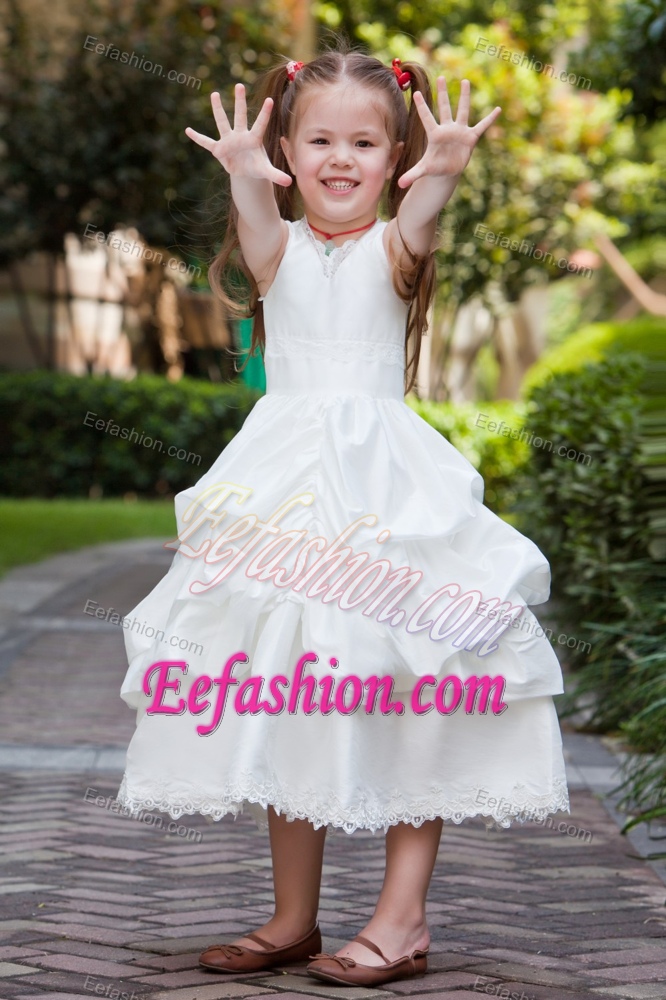 Pretty White A-line V-neck Tea-length Dress for Flower Girl with Pick-ups on Sale