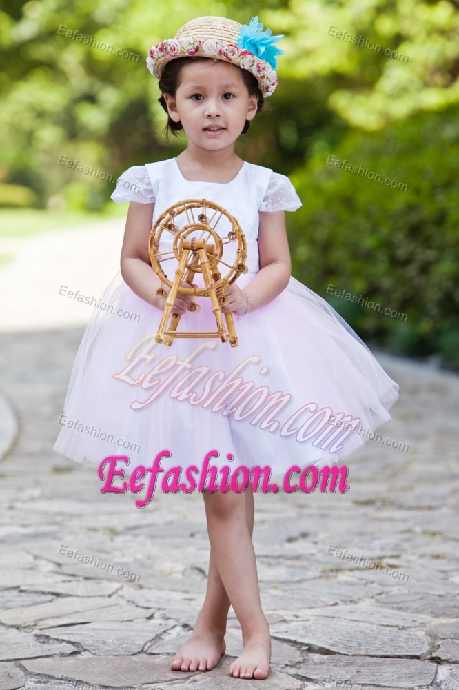 White and Pink Ball Gown Scoop Knee-length and Tulle Flower Girl Dress