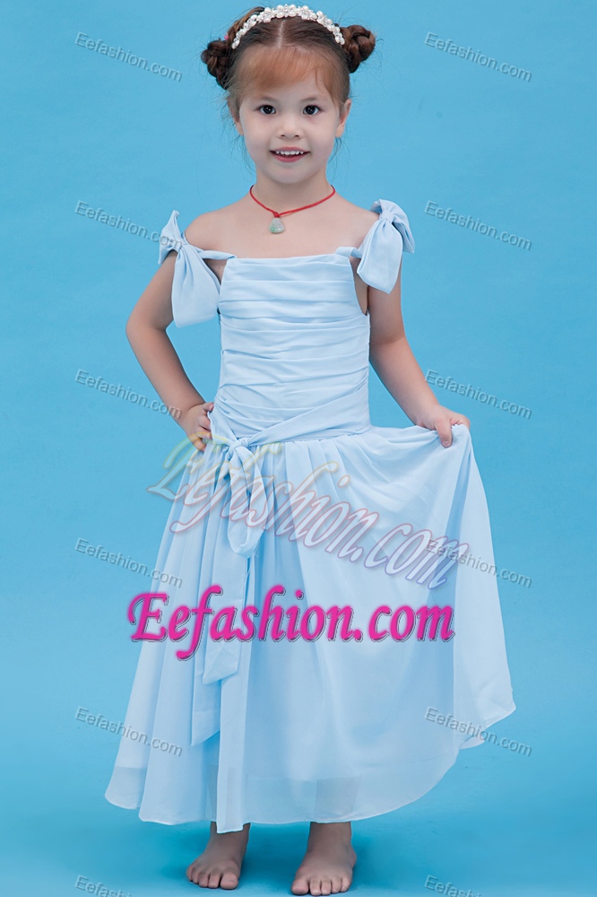 Popular Baby Blue A-line Straps Ankle-length Chiffon Ruched Litter Girl Dress