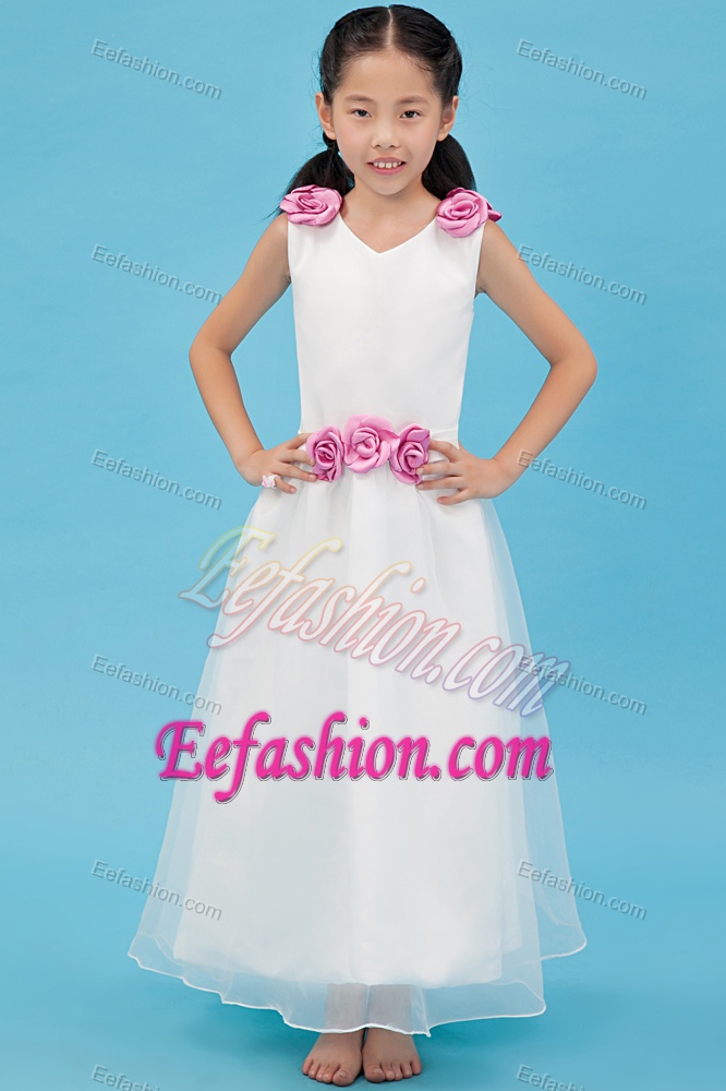 V-neck Ankle-length Organza Flower Girl Dresses with Pink