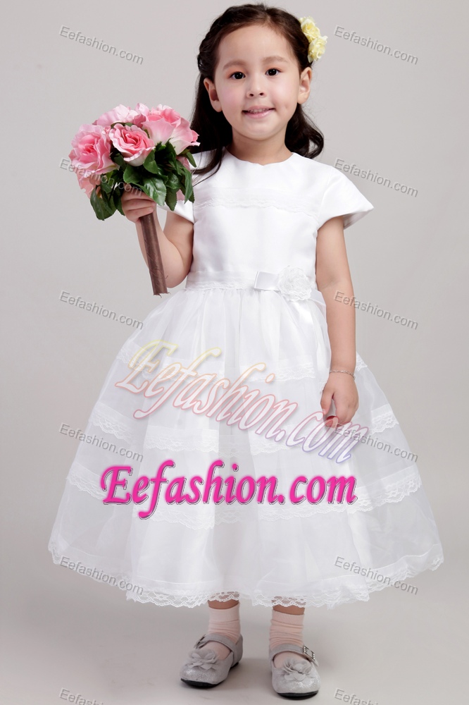 Cute White Princess Scoop Tea-length Flower Girl Dress and Lace