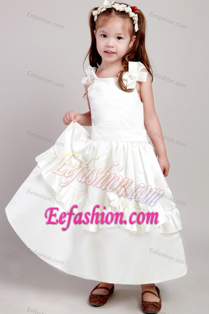 Sweet White A-line Straps Ankle-length Flower Girl Dress with Bow
