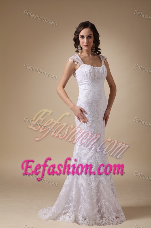 Square Straps Brush Train Ruched Satin and Lace Dress for Wedding