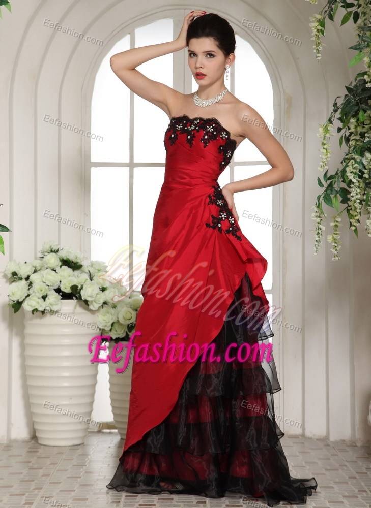 Elegant Wine Red Appliqued Evening Gown Dresses with Ruffled Layers