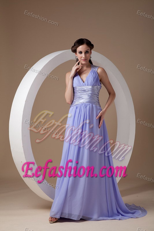 Pretty Lilac Empire V-neck Ruched Evening Dress Pattern with Brush Train