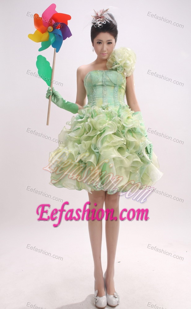 One Shoulder Ruffled Custom Made Evening Gown Dress in Yellow Green