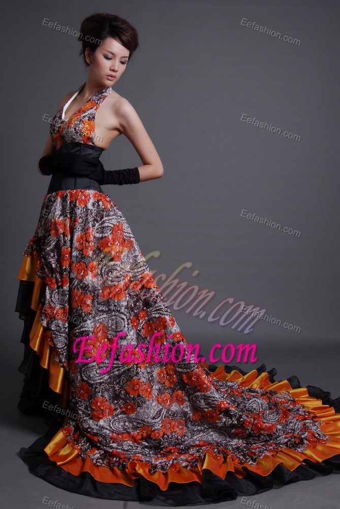 Multi-Color Halter Court Train Evening Dresses with Printing on Promotion