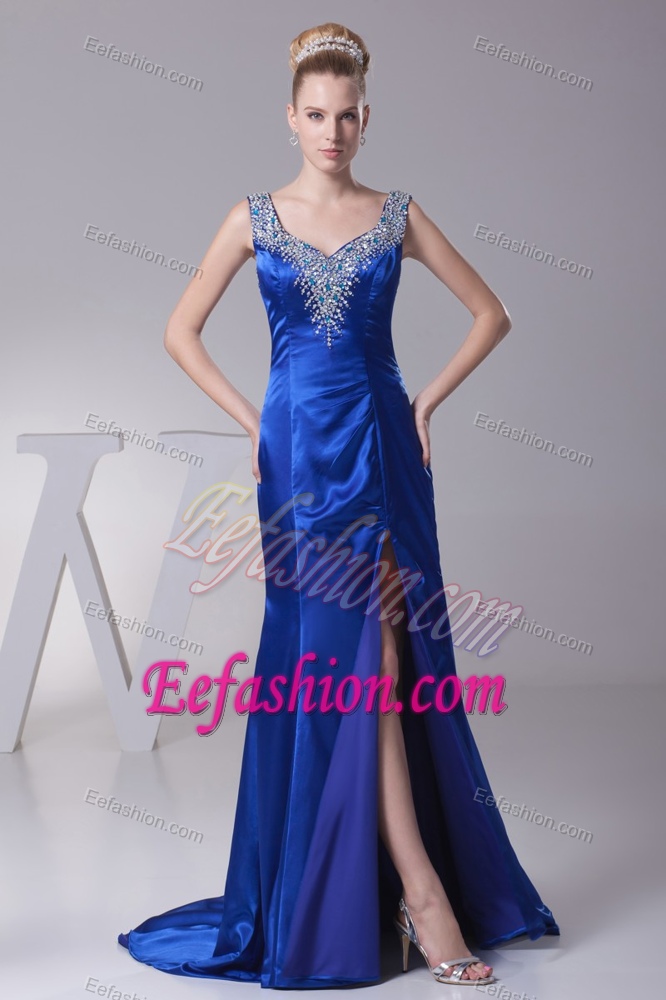 Wide Straps Sweep Train Low Price Women Evening Dress with High Slit