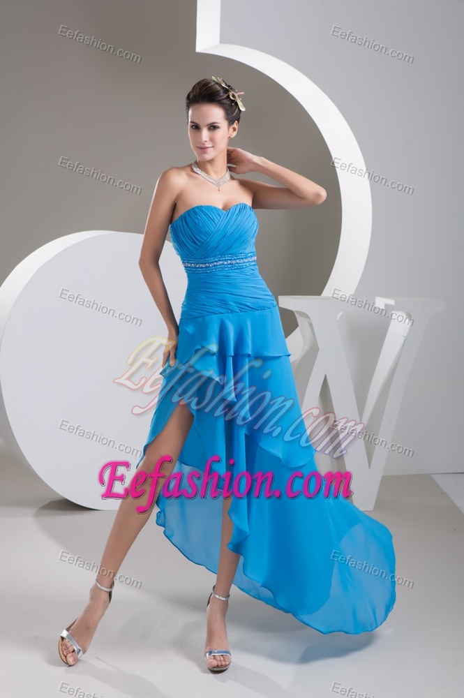 Ruched and Beaded Aqua Blue Summer Evening Dresses with Asymmetrical Edge