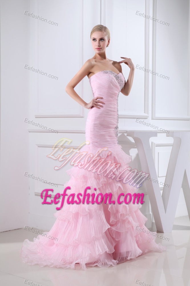 Baby Pink Brush Train Sweetheart Beaded Evening Wear Dresses with Ruffles