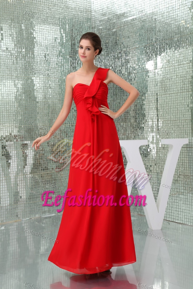 Pretty Chiffon One Shoulder Ankle-length Ruched Evening Dress Patterns in Red