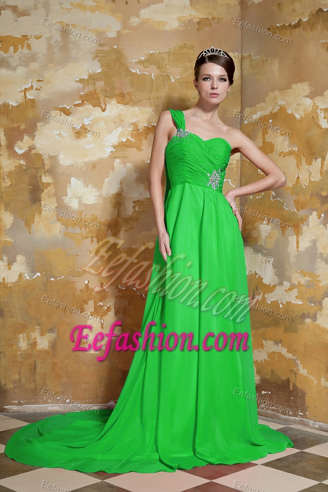Spring Green Empire One Shoulder Classy Evening Dresses with Watteau Train