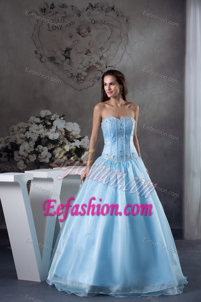 New Blue Sweetheart Organza Formal Evening Dress with Appliques and Beading