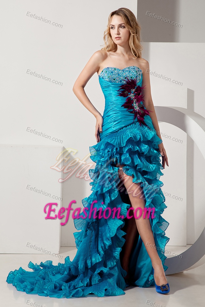 Teal Beaded and Appliqued Prom Gowns in Organza with Ruches and Ruffles