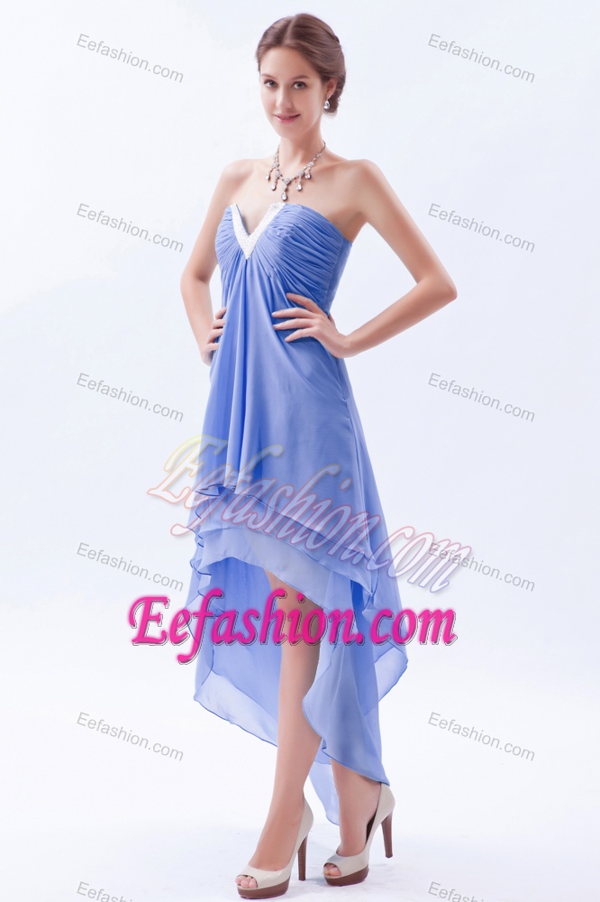 Chiffon High-low Beaded Dress for Prom Court in Lilac with Ruches and Layers