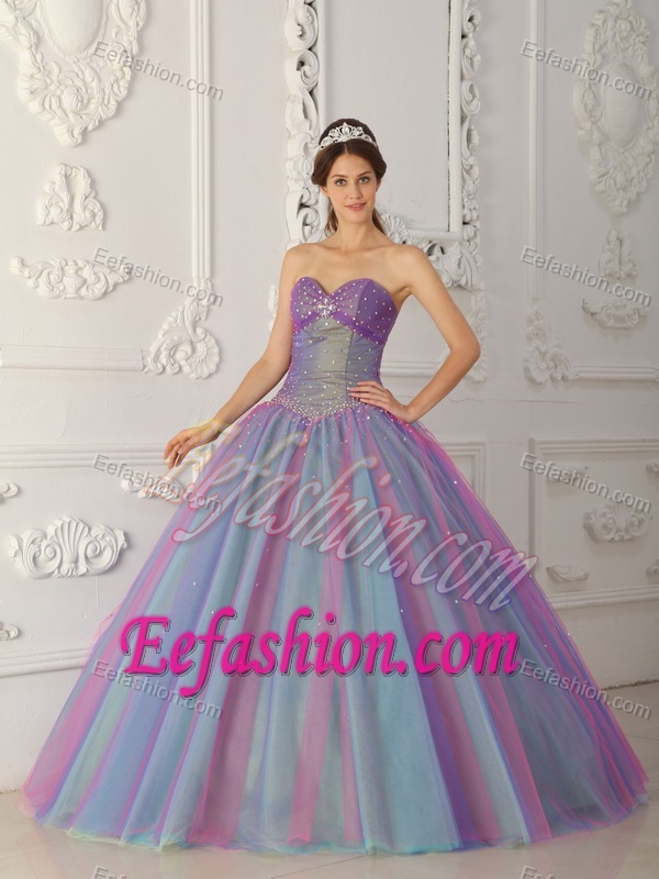 Fabulous Sweetheart Long Beaded Tulle Quinceanera Gown in Multi-color
