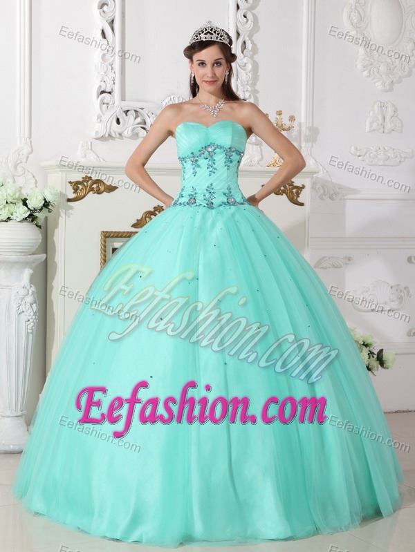 Tulle and Beaded Long Sweet Sixteen Quinceanera Dress in Light Green