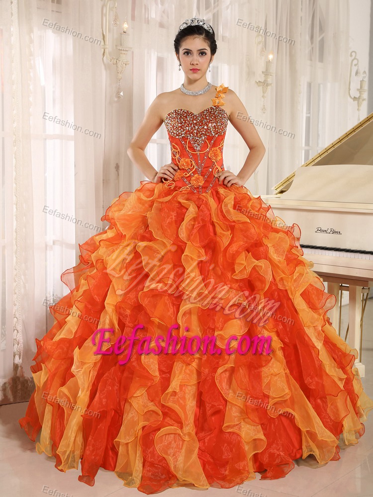One Shoulder Beaded Bodice Multi-color Ruffled Quinceanera Dress for Girls
