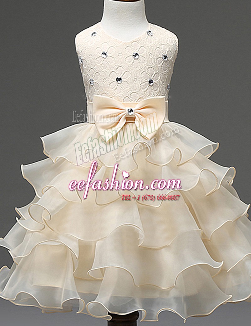 Clearance Scoop Champagne Organza Zipper Toddler Flower Girl Dress Sleeveless Mini Length Beading and Ruffled Layers