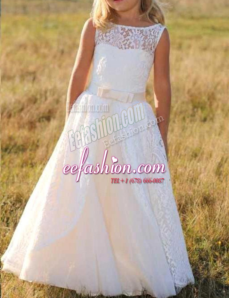 Enchanting White Sleeveless Lace Zipper Flower Girl Dresses for Less for Party and Wedding Party