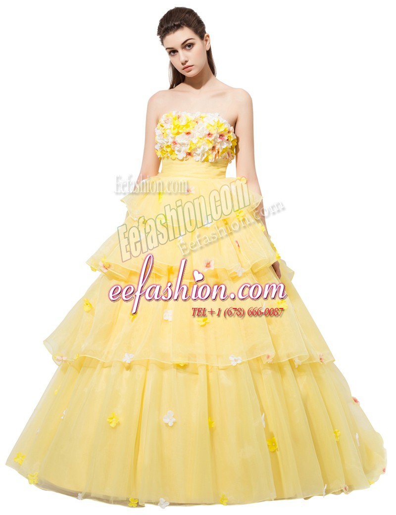 High Class Yellow Organza Lace Up Prom Party Dress Sleeveless With Train Ruffled Layers and Hand Made Flower