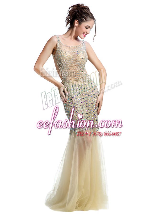  Mermaid Champagne Square Neckline Beading Prom Gown Sleeveless Backless