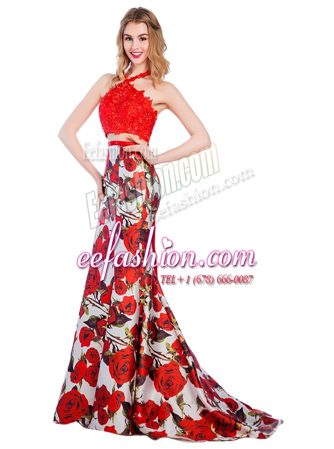  Mermaid Halter Top Printed Multi-color Sleeveless With Train Lace and Pattern Zipper Prom Gown