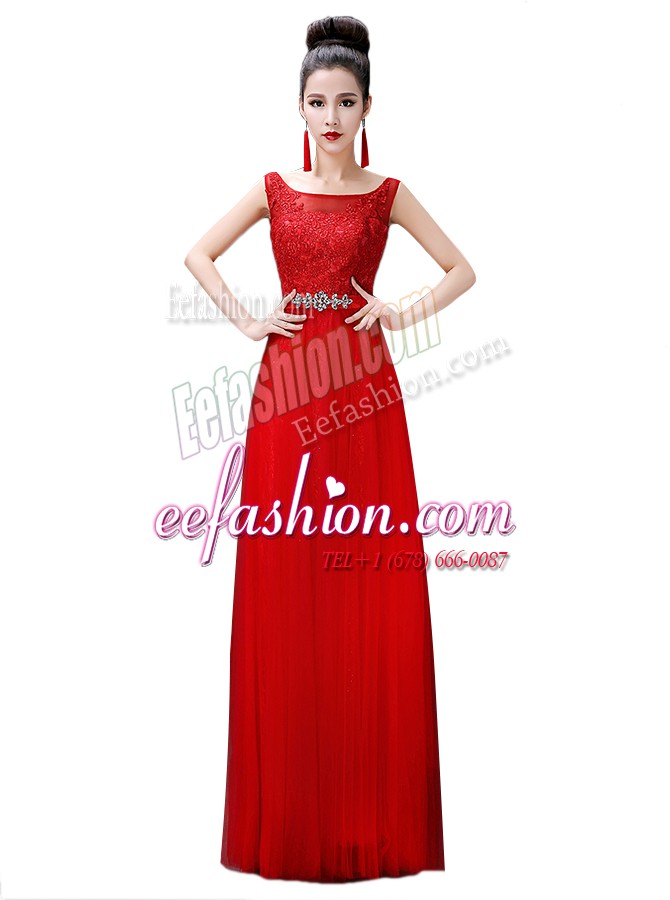  Red Chiffon Zipper Bateau Sleeveless Floor Length Prom Dress Beading and Lace
