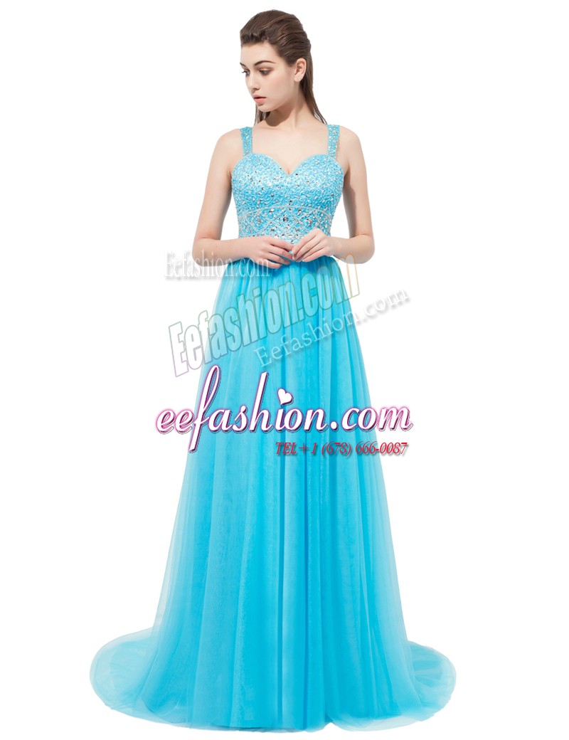  Sleeveless Tulle With Brush Train Zipper Prom Party Dress in Aqua Blue with Beading