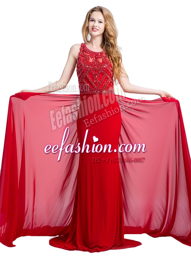 Designer Red Silk Like Satin Zipper Scoop Sleeveless With Train Prom Dress Court Train Beading
